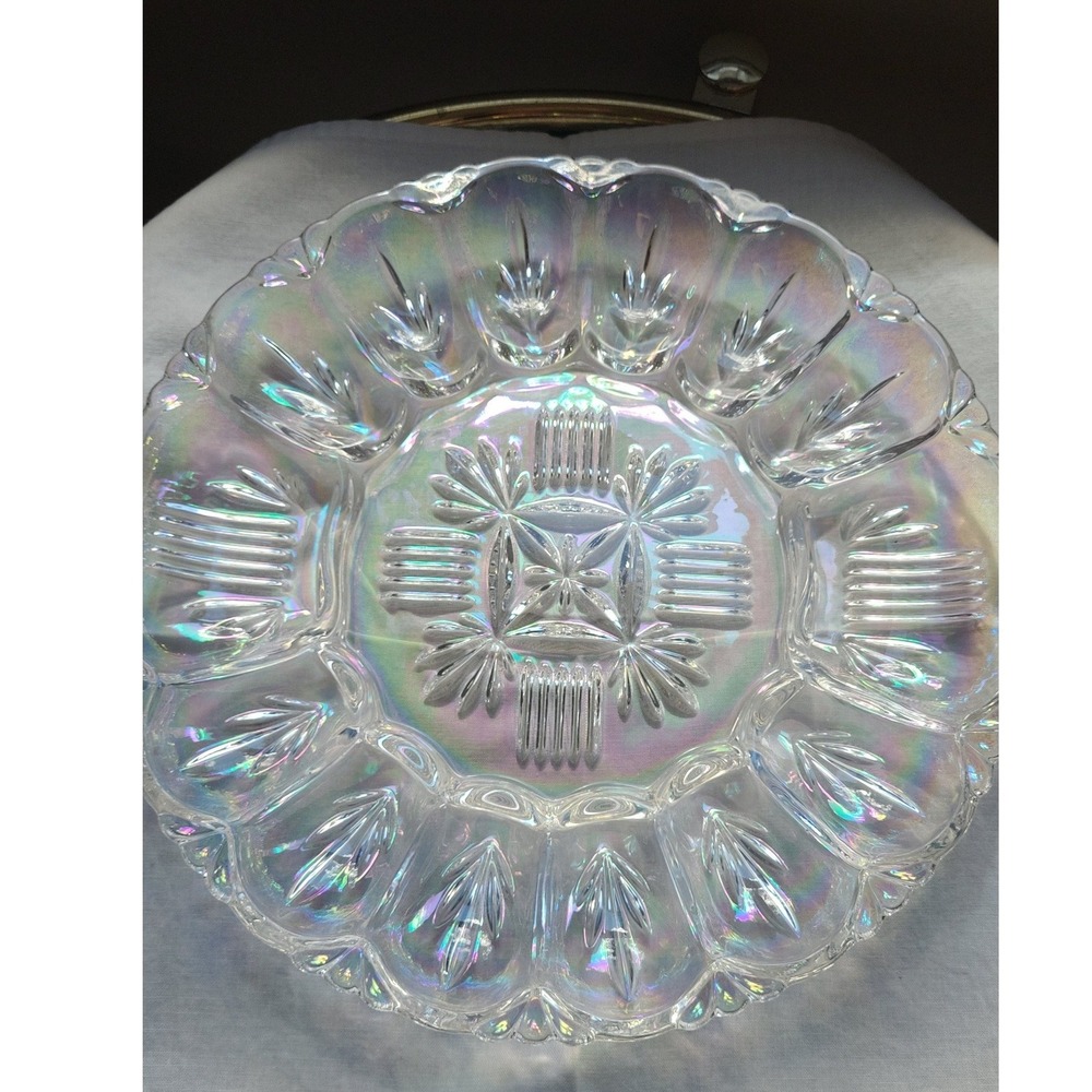 Vintage Iridescent Federal Carnival Glass Deviled Egg Platter Scalloped Tray 11"